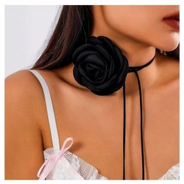 Naszyjnik choker XL ozdobny kwiat na szyję róża na rzemyku elegancki czarny N761CZ